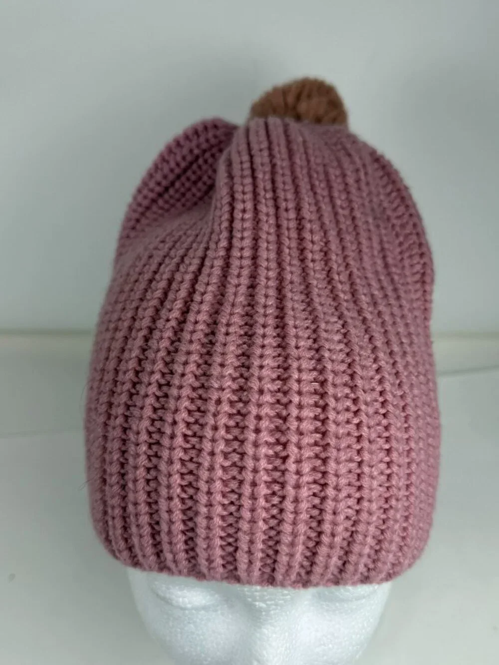Beautees Knitworks Pink Ribbed Knit Beanie Hat Faux Fur Pom Pom Youth Girls OS